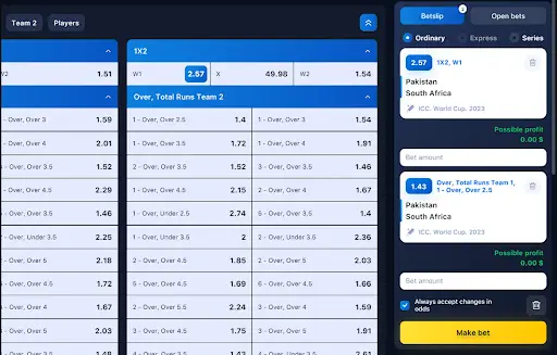 1win online cricket bet options